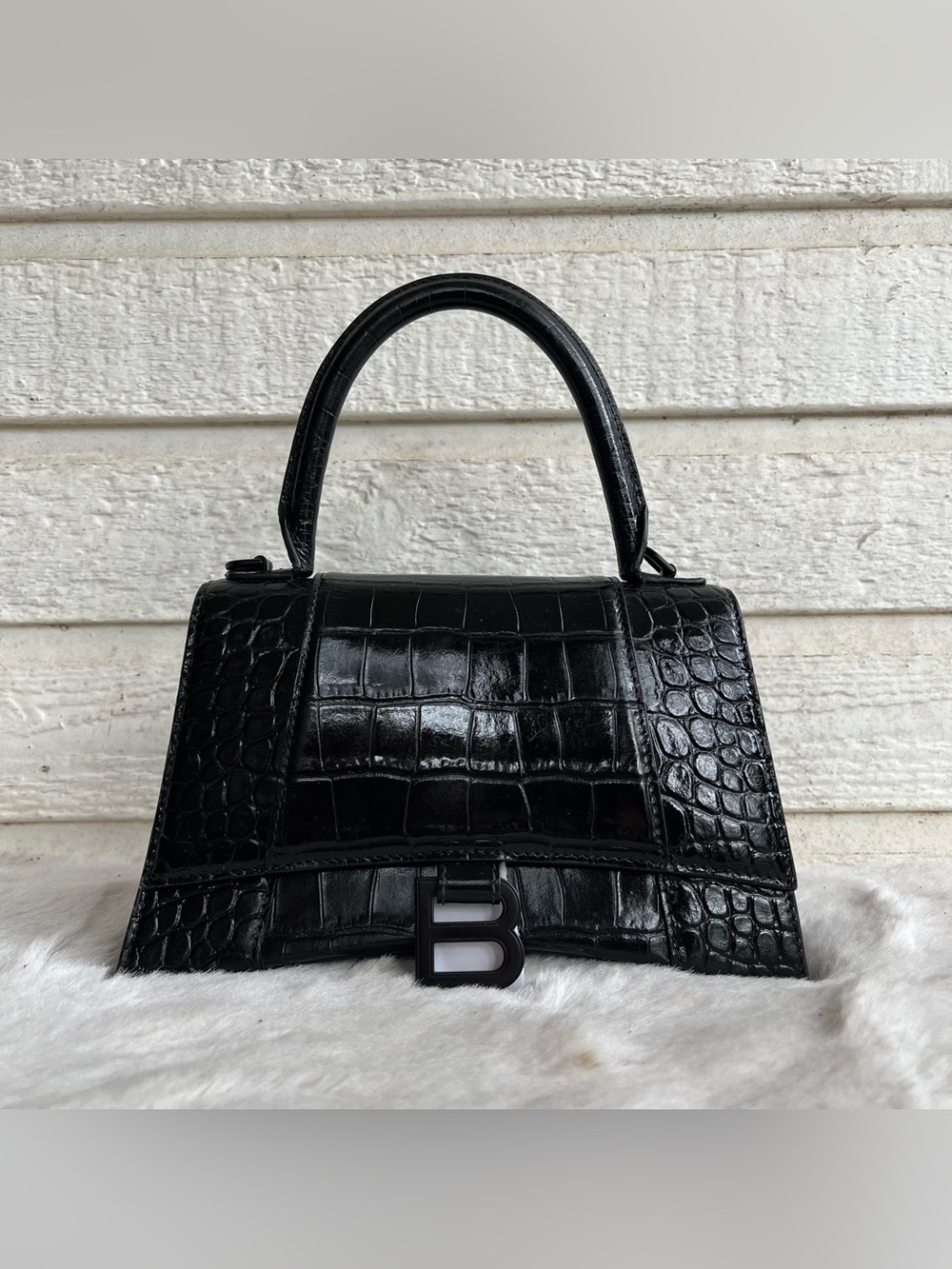 BALENCIAGA Black Croc Hourglass Mini Baguette Crossbody Flap Top Handle Handbag
